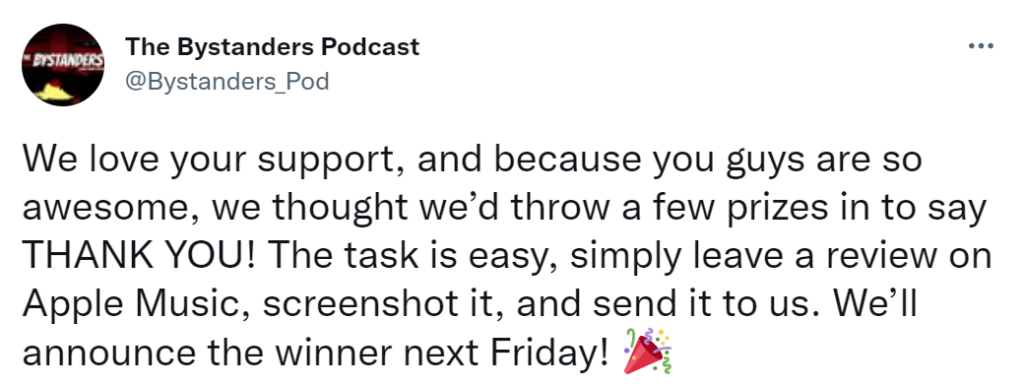 An example of a giveaway from the Bystanders podcast.