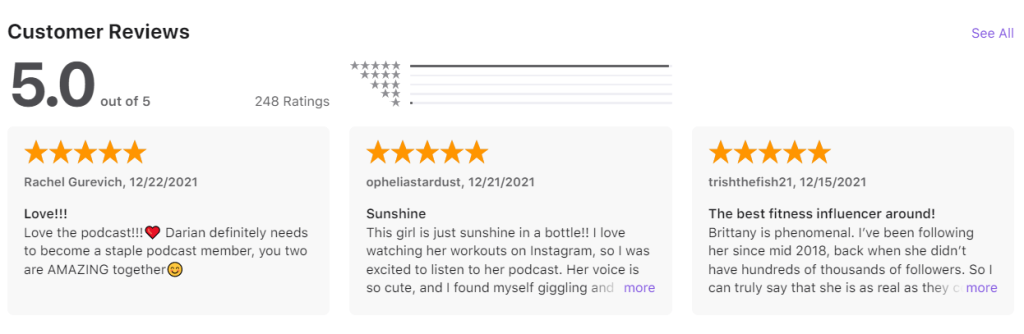 An example of podcast reviews for the Fun and Gains podcast.
